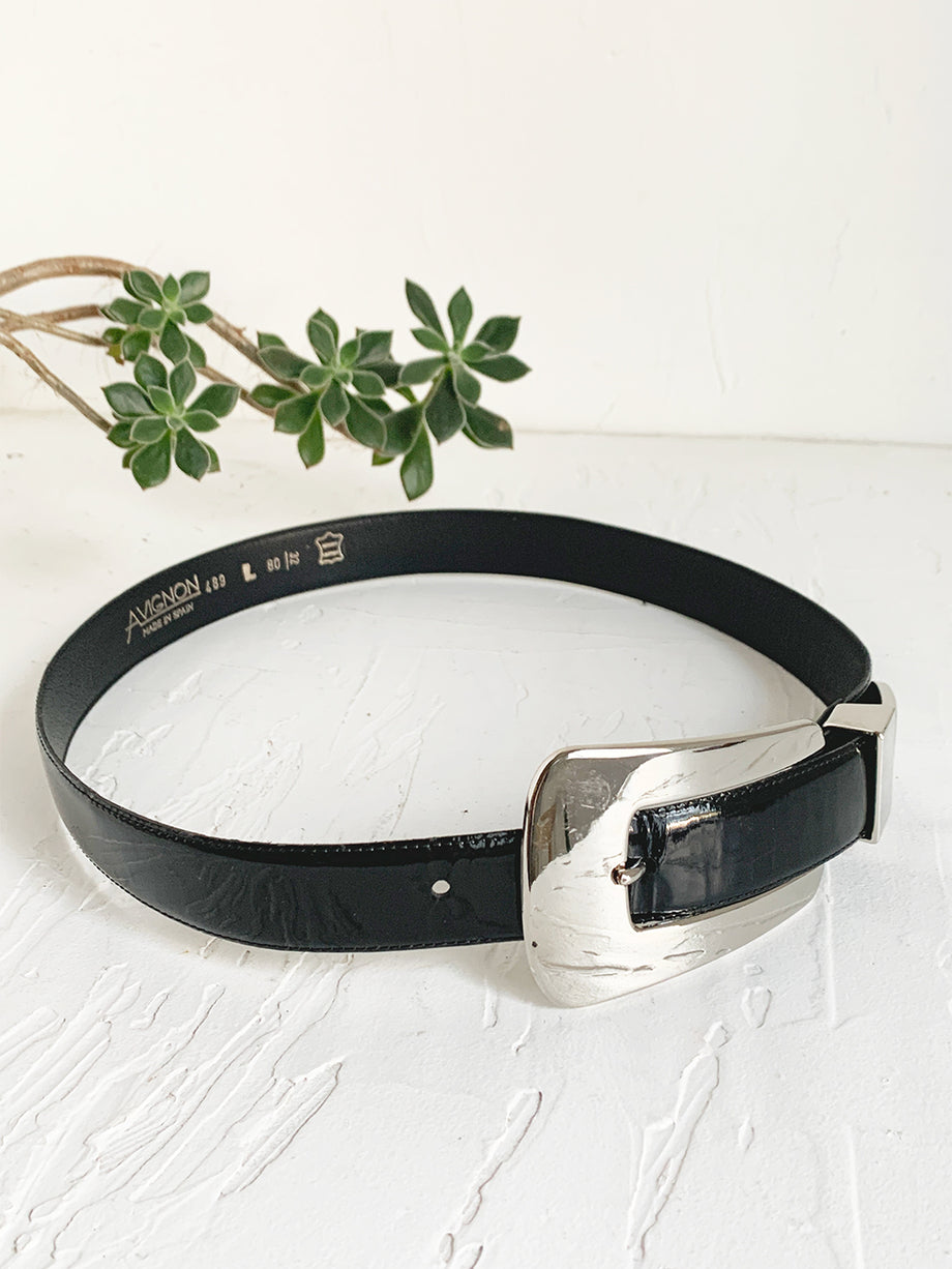 Designer Avignon Women's Black Leather Wide Tapered Belt With Silver Faux  Trim & Buckle, Size M - Yahoo Shopping